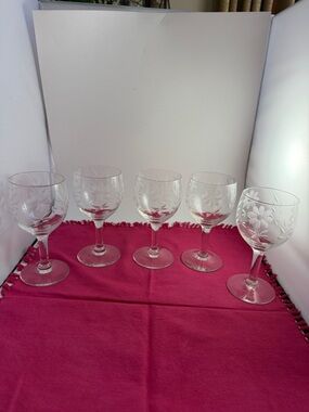 Vintage Floral Cut Crystal Wine Glasses set of 5